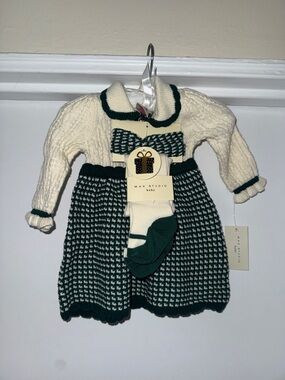 Max Studio Green & Cream Knit Baby Dress Set with Bow